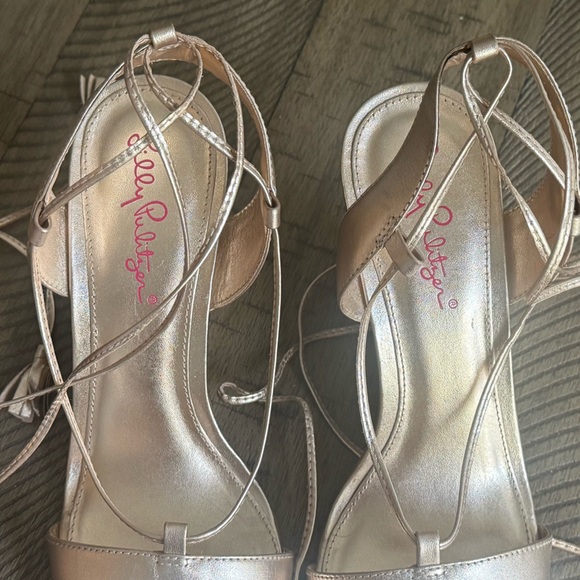 Lilly Pulitzer Wedge LaceUp Leather Sandal|Metallic|Flecked Cork Heel|Size 8|EUC - Picture 7 of 9